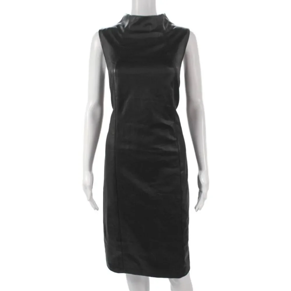J. Mclaughlin Womens Sheath Dress Black Faux Leather Mockneck KneeLength Size L